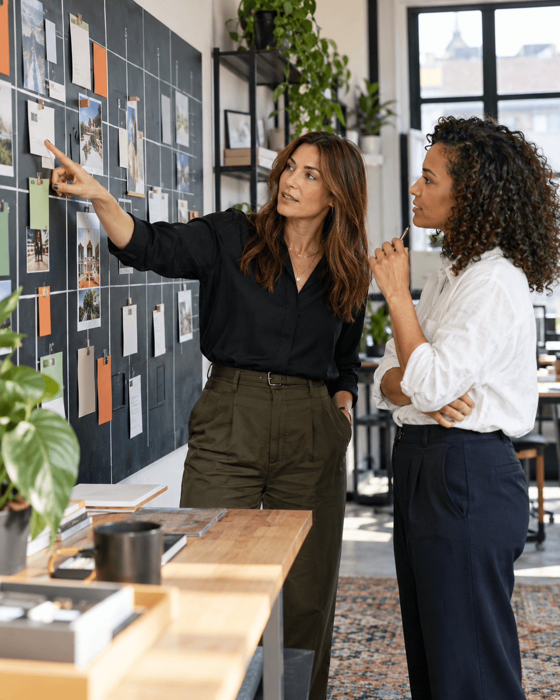 A diverse team of three experienced assistants collaborating around a table in a bright office