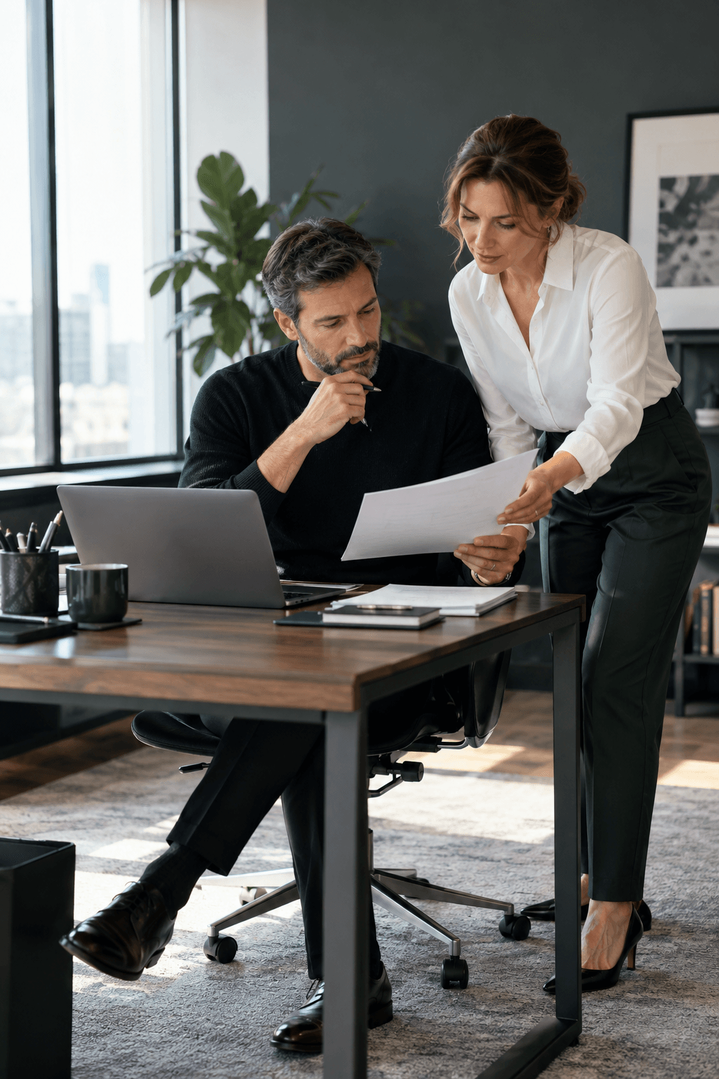 Founder and executive assistant reviewing an operating brief together